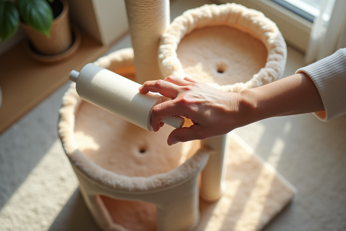  mains nettoyant un arbre à chat beige avec rouleau