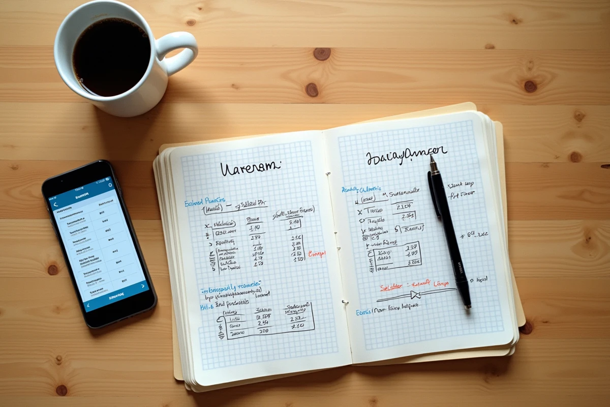 Vue aérienne d'une table avec notes manuscrites de calculs budgétaires et smartphone affichant l'interface économique de Simagri