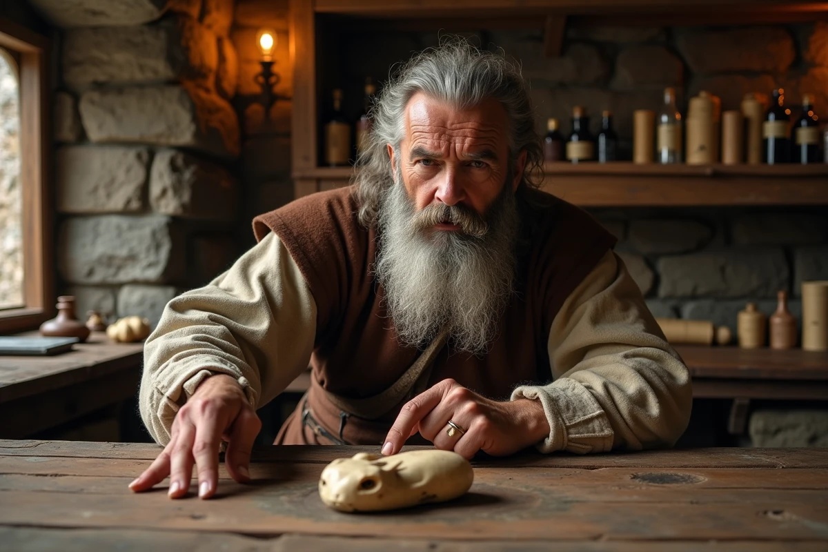 Homme cosplay medieval montrant un artefact en bois