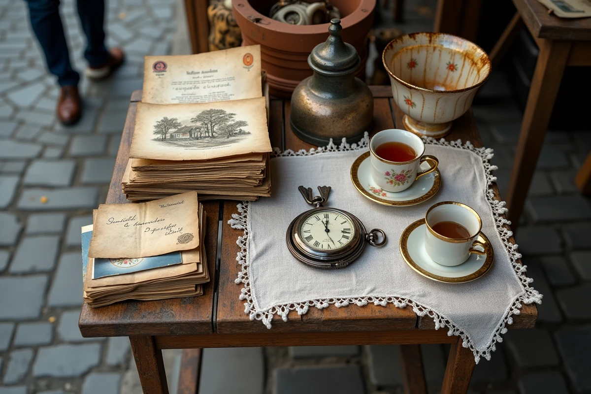 Table de brocante couverte d'objets anciens variés dont une montre de gousset, des cartes postales et de la porcelaine au marché du Cantal