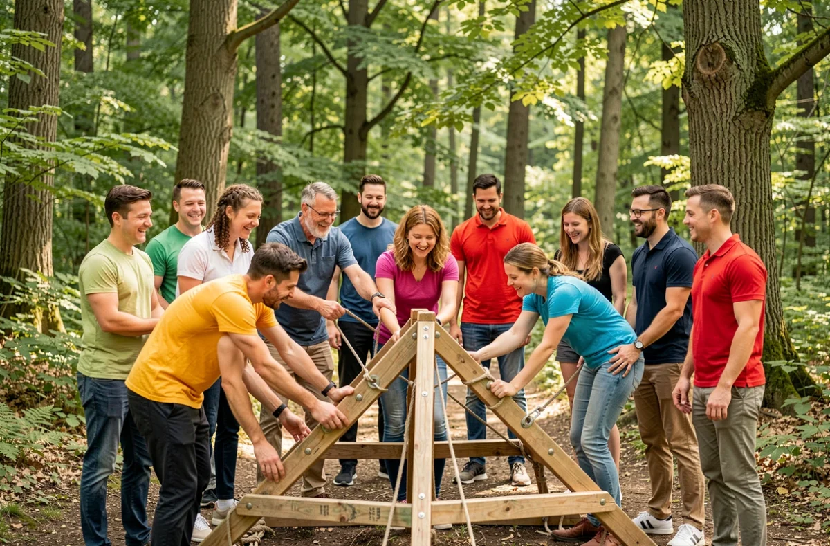 Groupe de collègues divers participant à une activité de team building en plein air dans un parc forestier du Grand Est avec un défi en bois