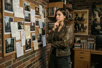 Jeune femme analysant un mur de notes sur l'ordre chronologique des films Resident Evil dans un bureau vintage