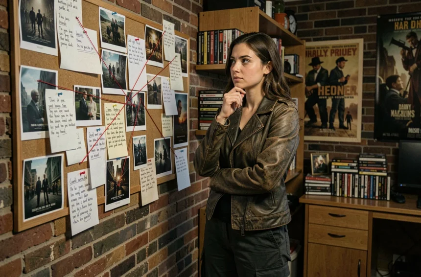 Jeune femme analysant un mur de notes sur l'ordre chronologique des films Resident Evil dans un bureau vintage