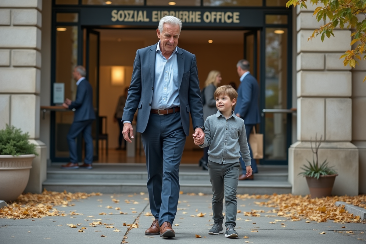 Pere et fils marchant devant un bâtiment administratif