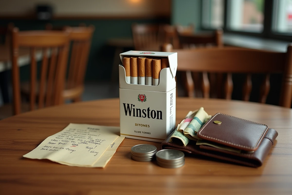 Paquet de cigarettes Winston posé sur une table de café avec pièces en euros et liste de prix manuscrite