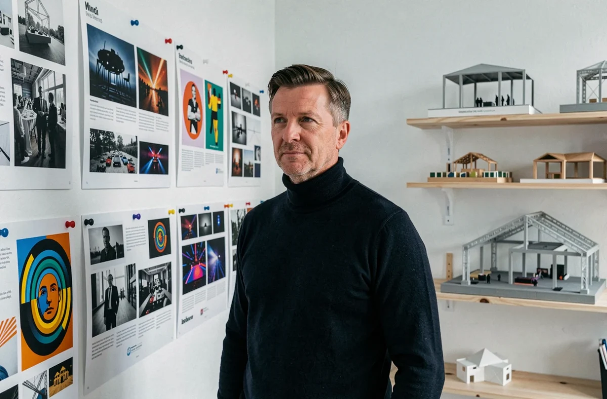 Directeur créatif d'agence événementielle en col roulé sombre entouré de concepts visuels et maquettes d'installations dans un studio de design à Strasbourg