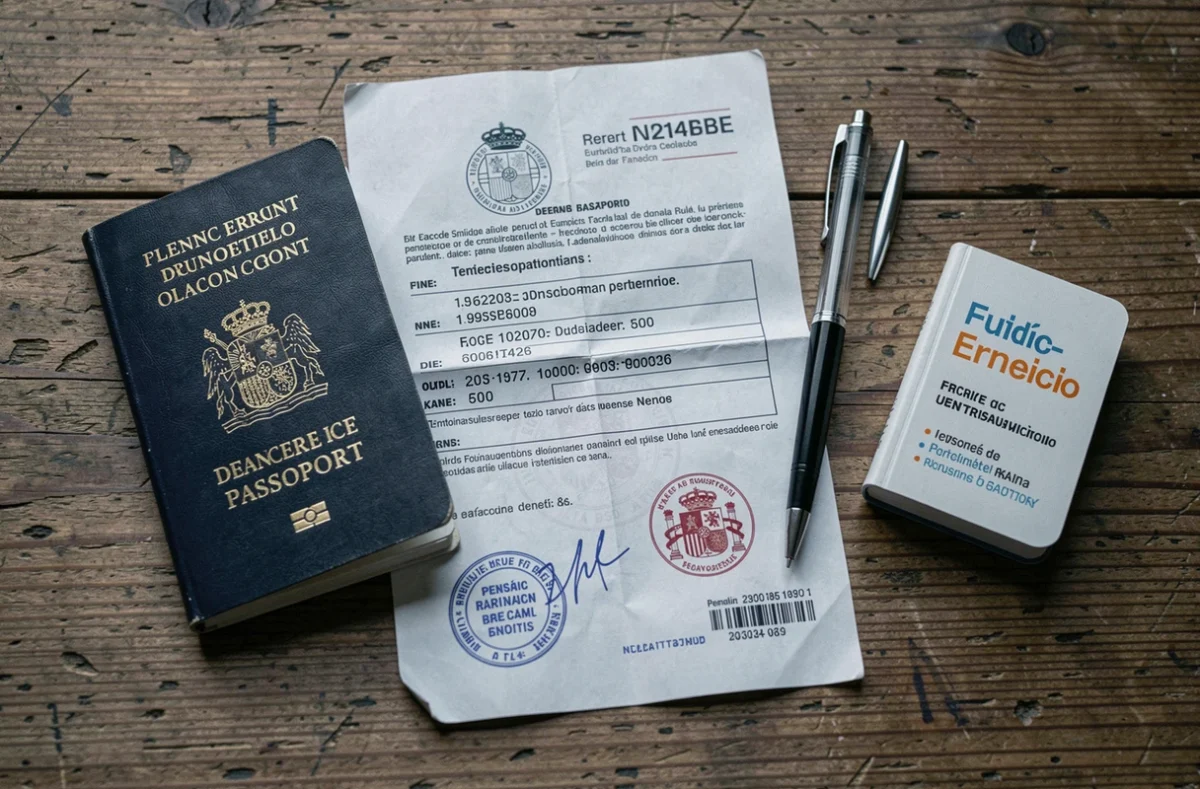 Vue de dessus d'un passeport français et d'une amende espagnole sur une table en bois, symbolisant les enjeux juridiques transfrontaliers