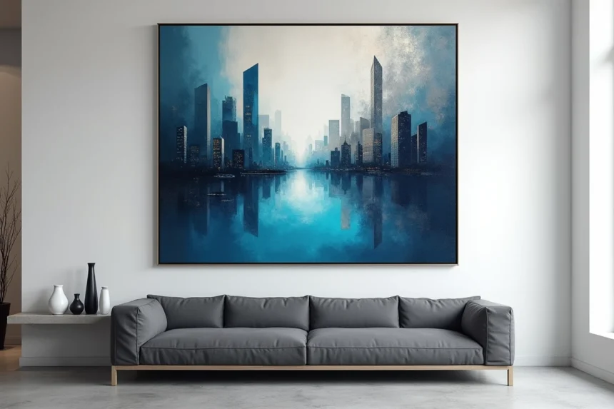 Grande peinture futuriste aux tons métalliques bleu cobalt et argent accrochée sur un mur blanc dans un salon contemporain minimaliste