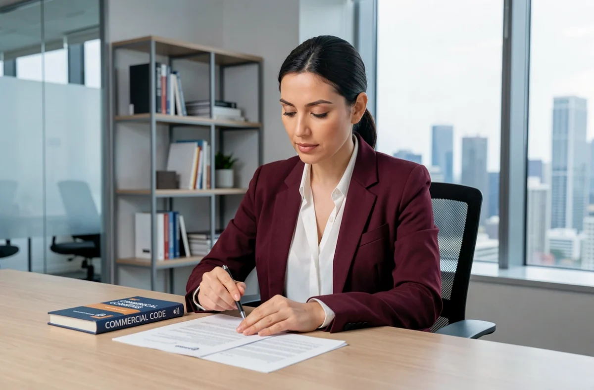Avocate spécialisée en droit du travail et droit commercial relisant un contrat dans un bureau moderne