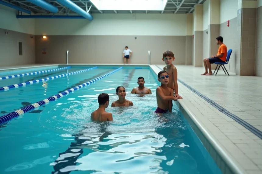 Piscine collective intérieure avec nageurs adultes dans un complexe aquatique municipal moderne