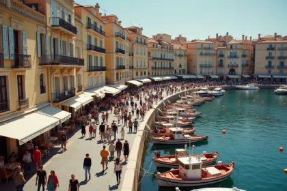 Vue panoramique du Vieux-Port de Marseille avec foule de piétons illustrant la densité de population de la deuxième ville de France