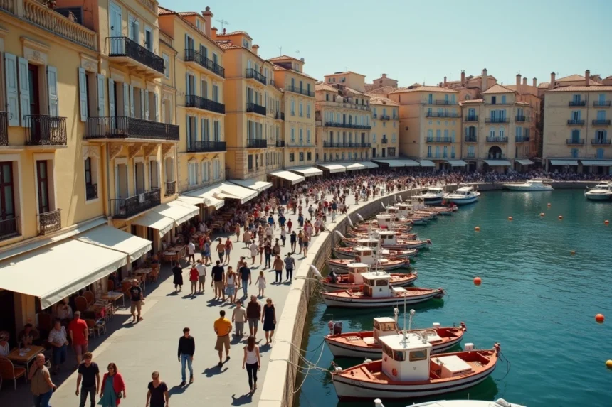 Vue panoramique du Vieux-Port de Marseille avec foule de piétons illustrant la densité de population de la deuxième ville de France