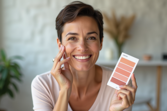 Femme souriante avec palette de couleurs dans un studio beauté