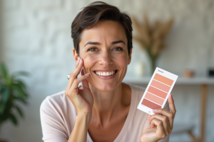 Femme souriante avec palette de couleurs dans un studio beauté