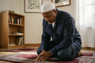 Homme pratiquant la prière du ramadan sur un tapis de prière dans un appartement à Rennes
