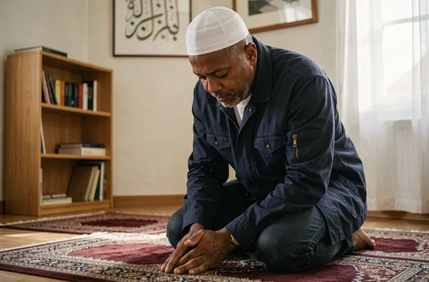 Homme pratiquant la prière du ramadan sur un tapis de prière dans un appartement à Rennes