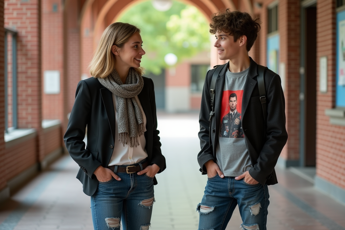 Professeur et lycéen en conversation dans un cadre scolaire authentique