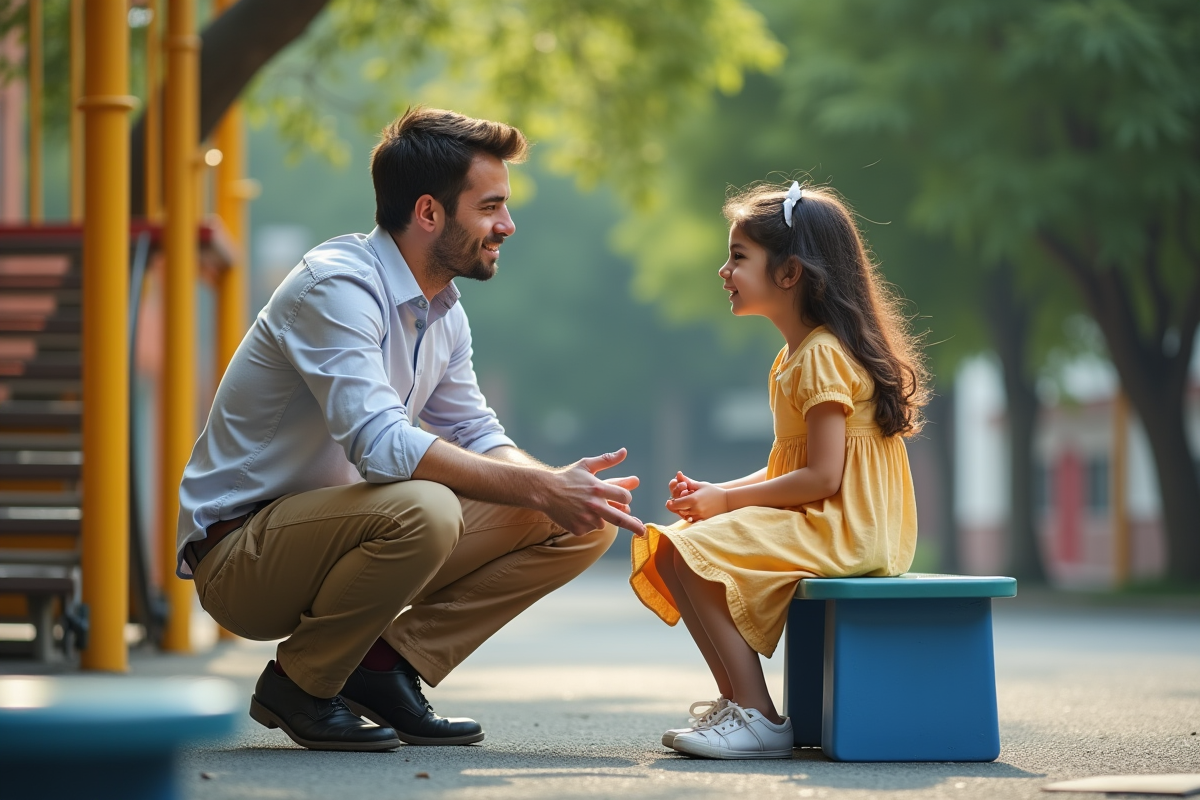 Professeur parlant à une fille timide sur un banc de cour d