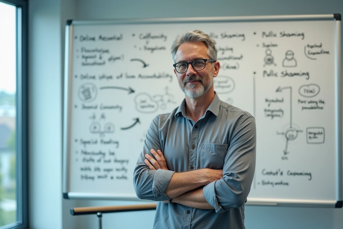 Professeur de sociologie devant un tableau de concepts sur le cancel culture dans une salle de séminaire universitaire