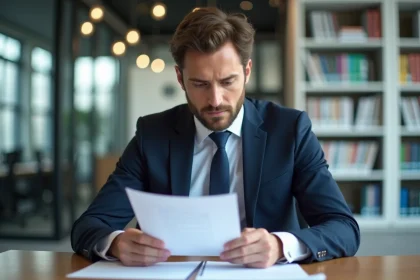 Homme en costume navy travaillant à son bureau moderne