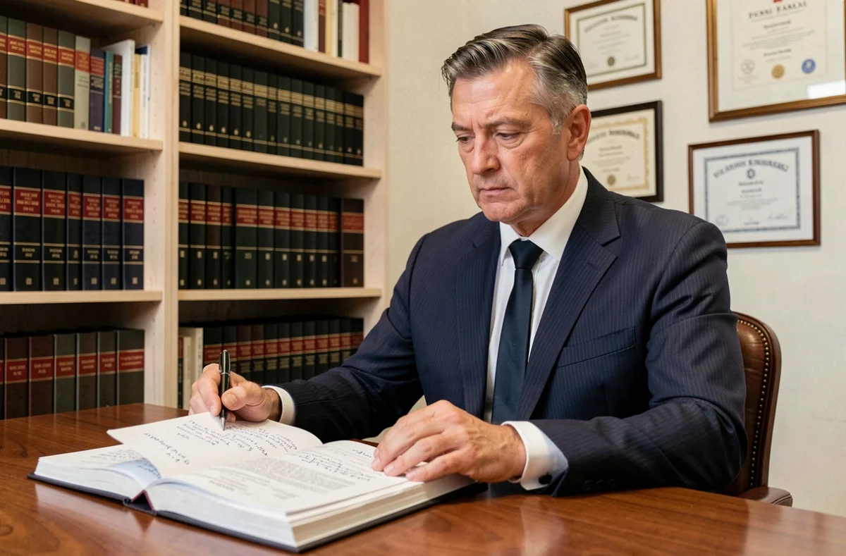 Avocat pénaliste homme en costume marine assis à son bureau consultant un dossier juridique annoté
