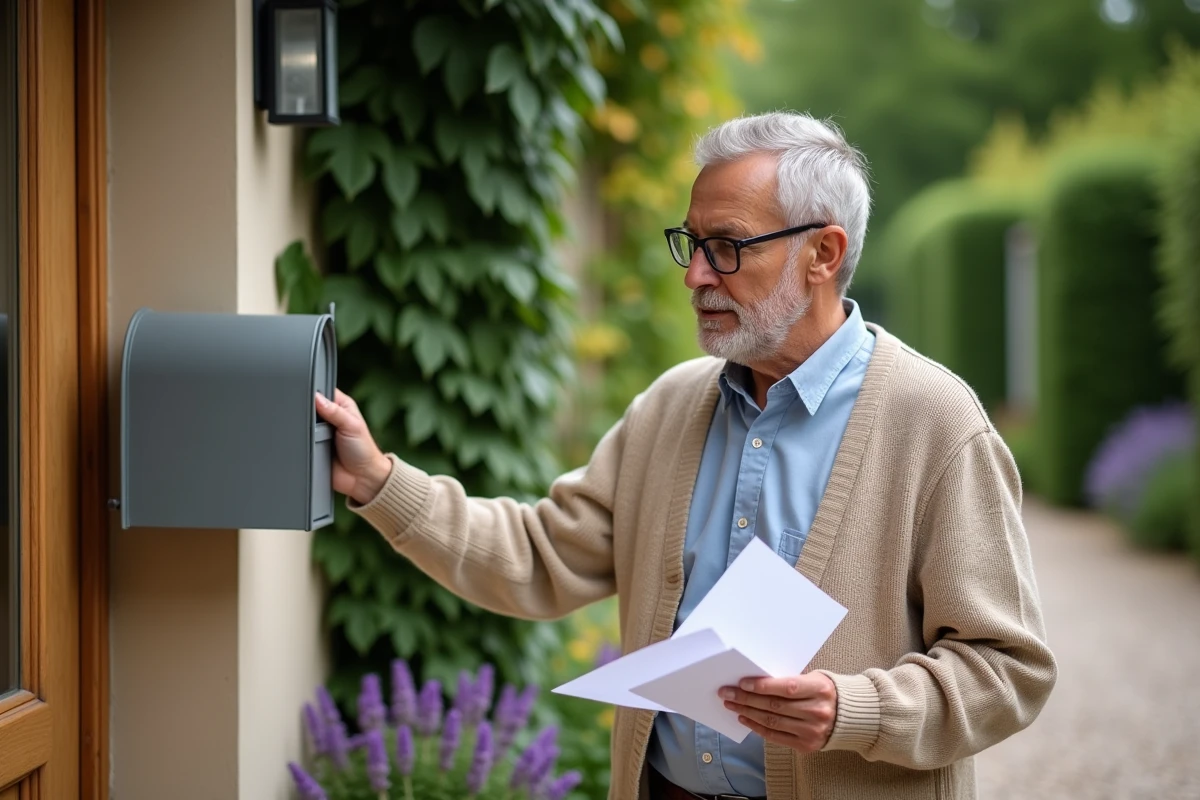 Homme âgé récupérant son courrier dans sa boîte aux lettres devant une maison pavillonnaire française