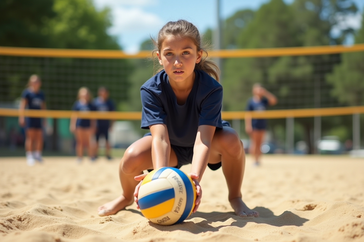 Jeune fille en réception volleyball sur plage