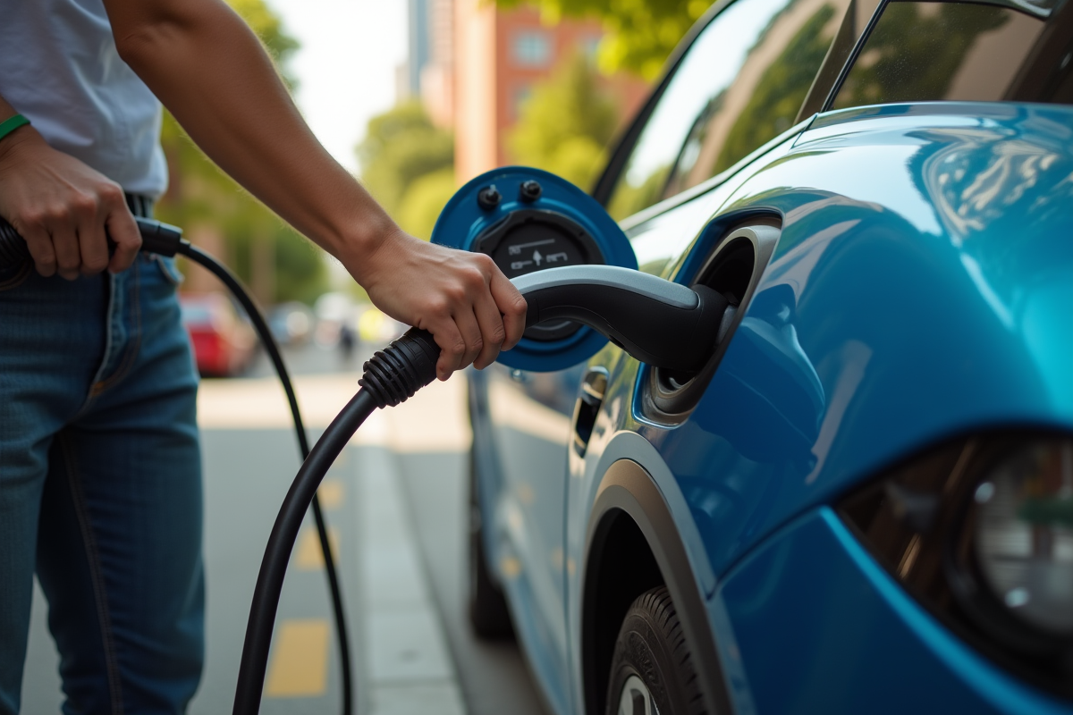 Personne charge une voiture hybride électrique dans la ville