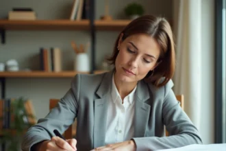 Femme écrivant un chèque ou un document officiel avec un stylo plume sur un bureau en bois, illustrant la rédaction correcte d'un montant en lettres