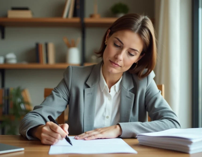 Femme écrivant un chèque ou un document officiel avec un stylo plume sur un bureau en bois, illustrant la rédaction correcte d'un montant en lettres
