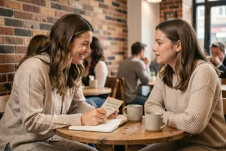Deux femmes partageant une citation positive dans un café chaleureux, créant un échange authentique et bienveillant