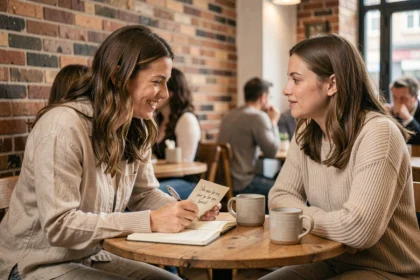 Deux femmes partageant une citation positive dans un café chaleureux, créant un échange authentique et bienveillant