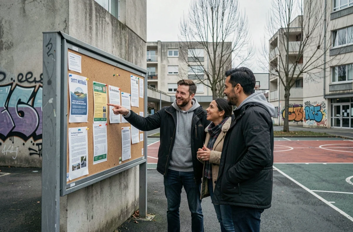 Groupe de résidents du quartier du Mirail à Toulouse discutant devant un centre social, illustrant la vie communautaire du quartier