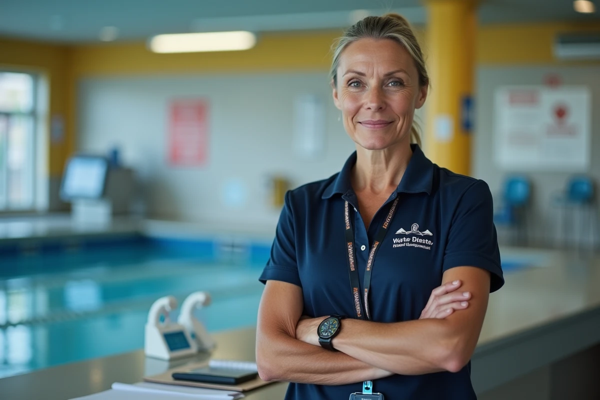 Responsable de piscine collective devant un comptoir d'accueil dans un complexe aquatique