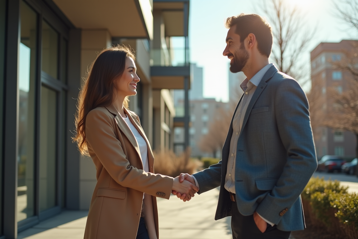 Homme et femme se serrant la main devant un immeuble moderne