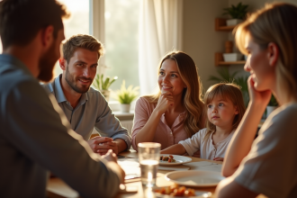 Famille réunie autour d'une table de cuisine en journée