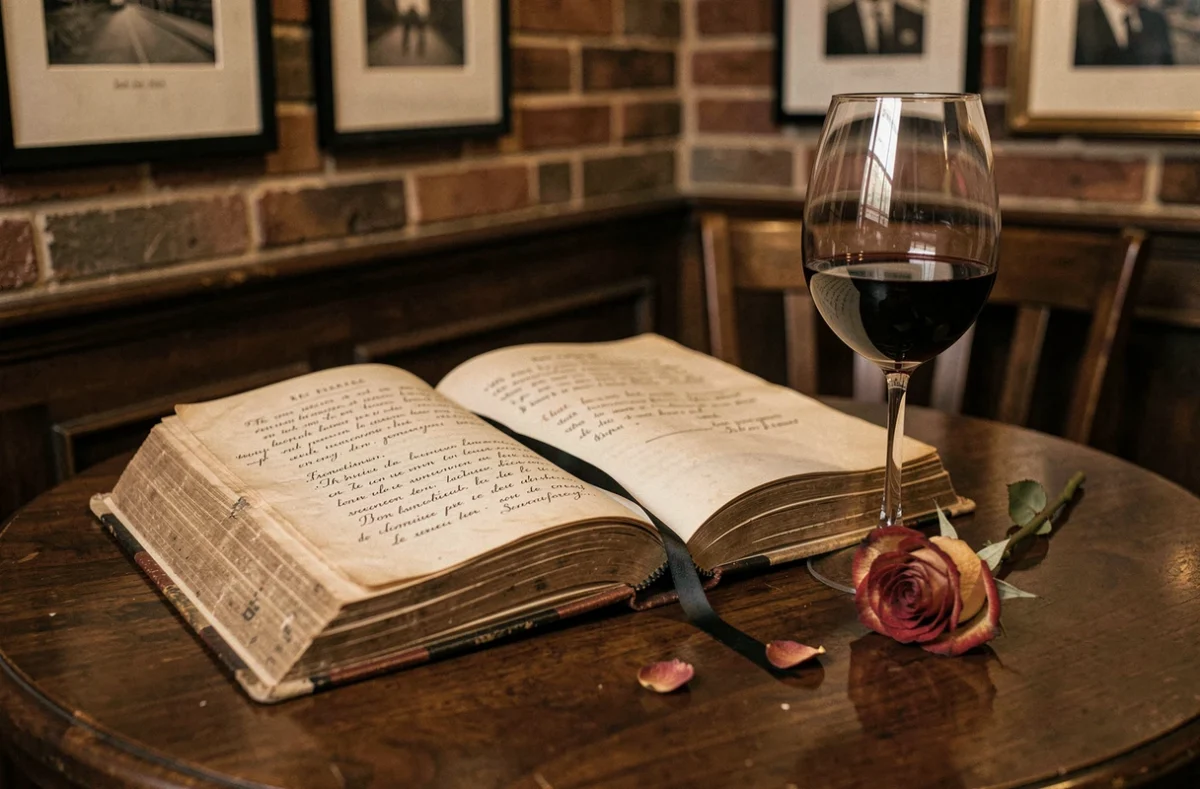 Vieux roman français ouvert avec annotations manuscrites sur une table en acajou dans un café parisien, accompagné d'une rose séchée et d'un verre de vin rouge, hommage à Stendhal