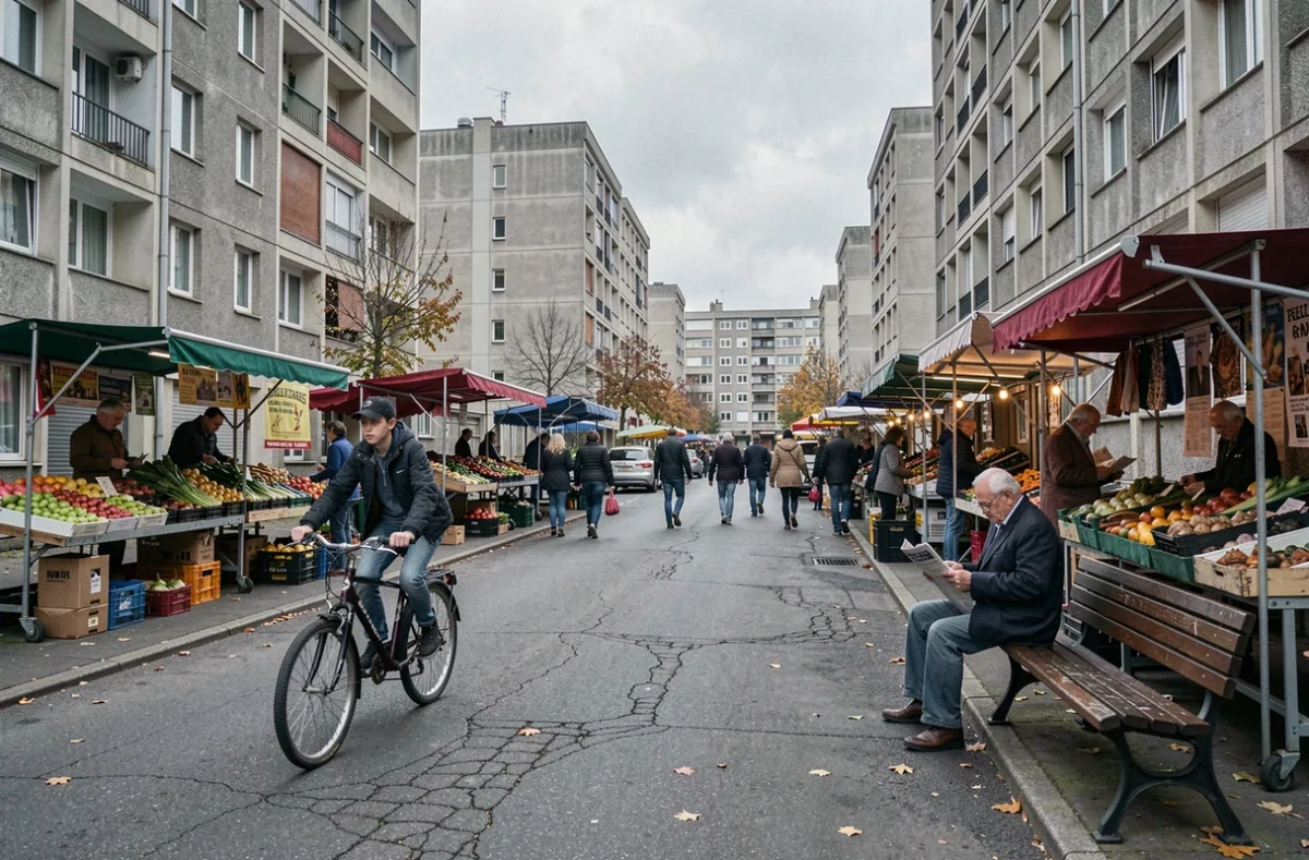 Vue de rue du quartier le Mirail à Toulouse avec marché de plein air et habitants, montrant la réalité quotidienne du quartier souvent stigmatisé
