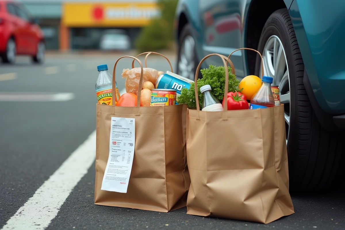 Sacs de courses remplis de produits Leclerc avec ticket de caisse affichant des promotions au drive Senlis