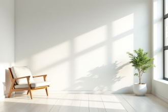 Salon moderne lumineux avec design scandinave et plantes vertes
