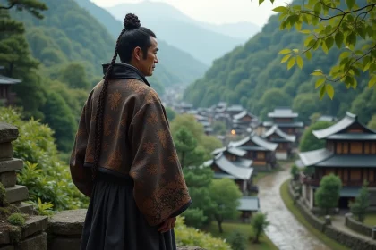 Samouraï japonais contemplant un village paisible
