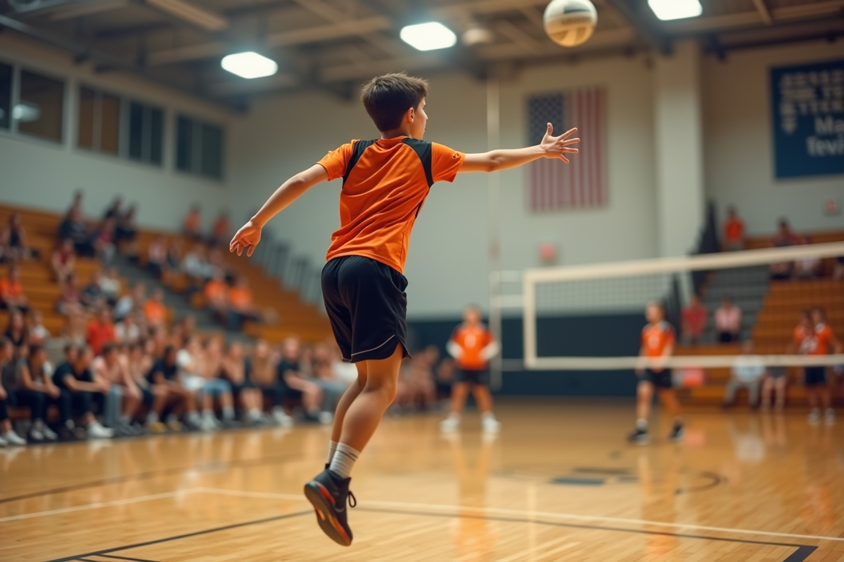 Jeune athlète en saut volleyball en gymnase