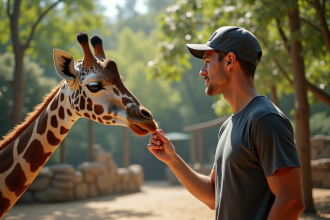 Soigneur nourrissant une girafe en plein air