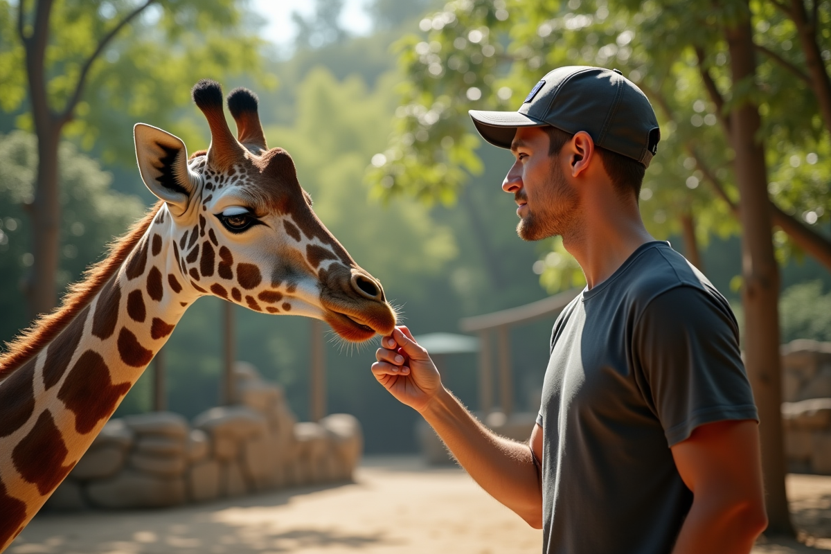 Soigneur nourrissant une girafe en plein air