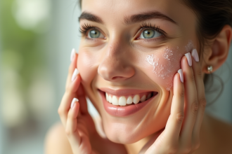 Femme souriante appliquant un serum lumineux sur la peau
