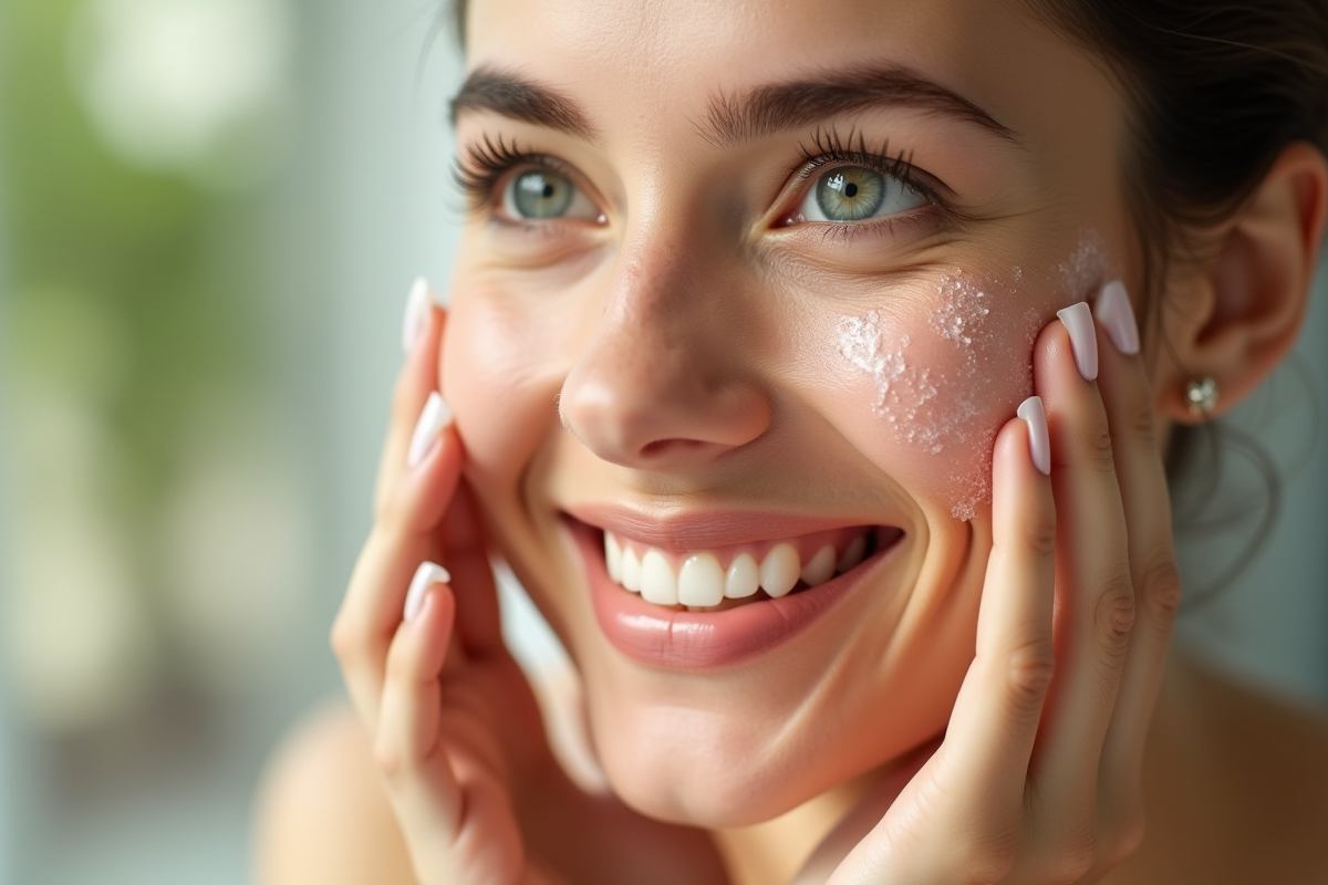 Femme souriante appliquant un serum lumineux sur la peau