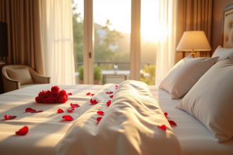 Suite spa de luxe avec lit king size et pétales de roses