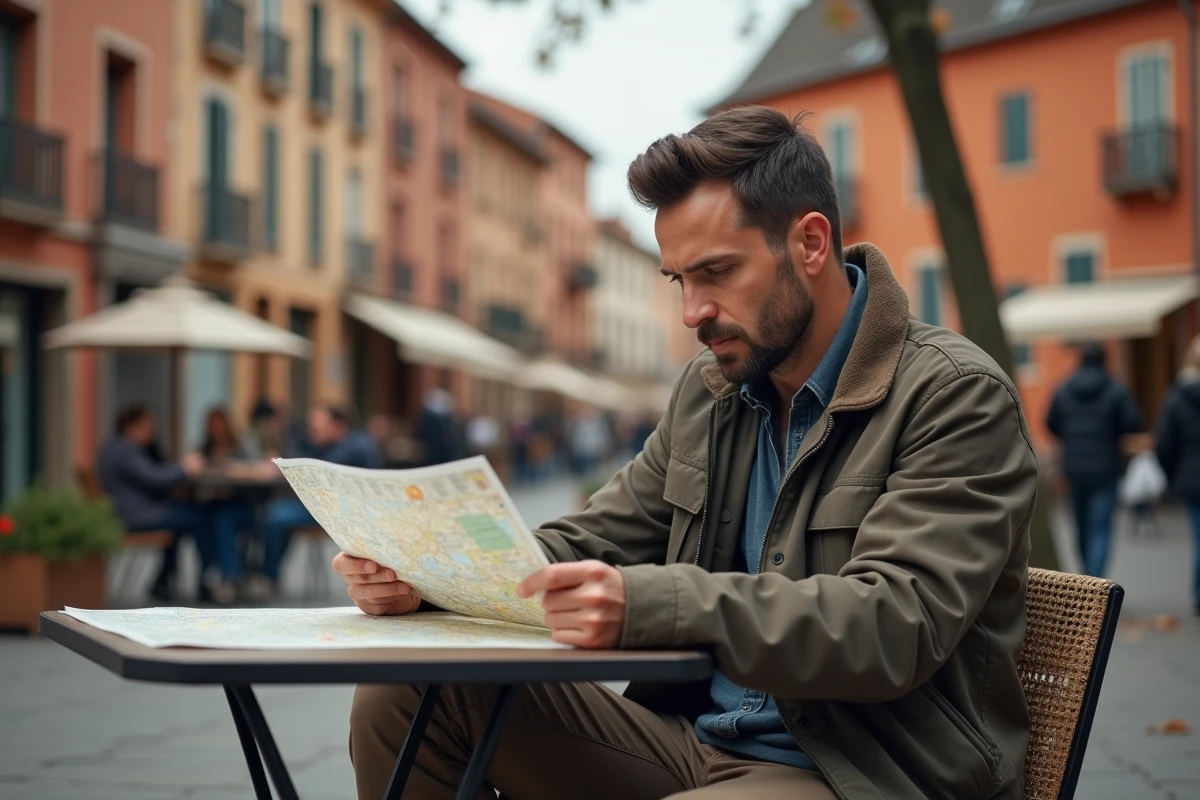 Touriste consultant une carte dans un quartier calme et résidentiel de Toulouse