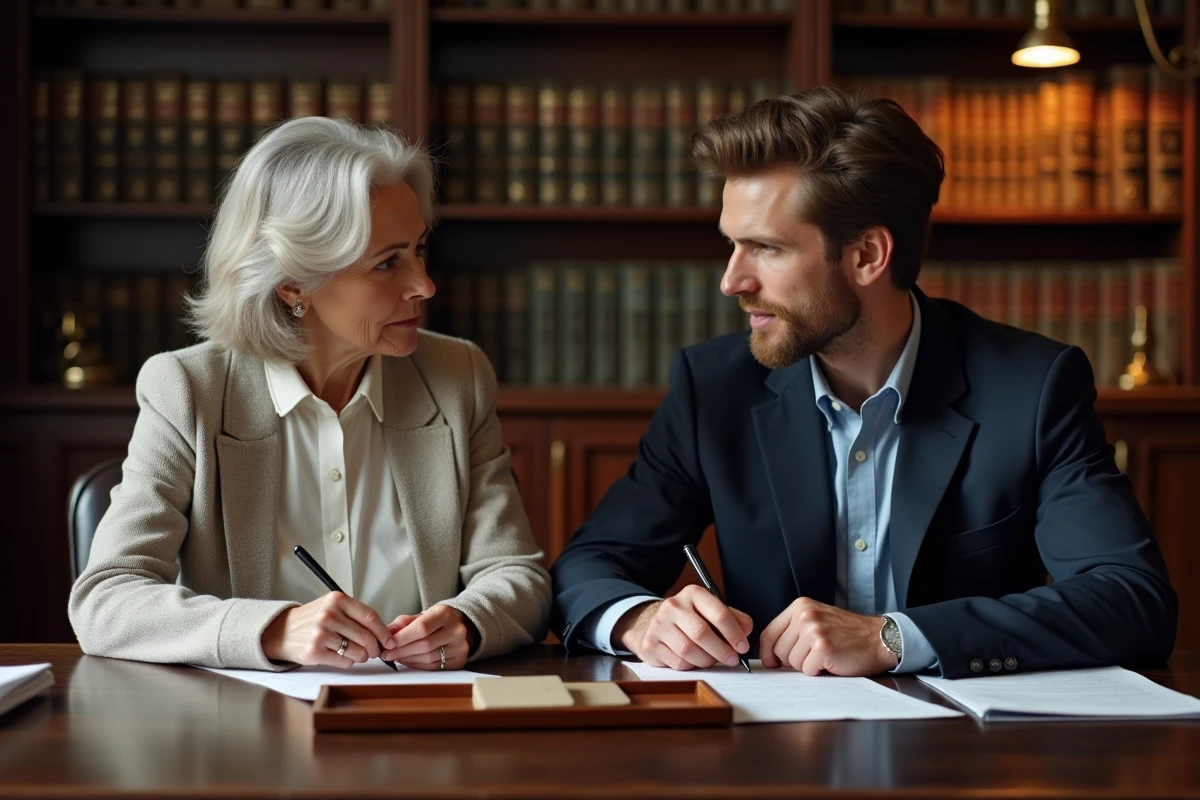 Une mère et son fils adulte examinent des télécartes rares lors d'une consultation notariale pour organiser la transmission d'une collection