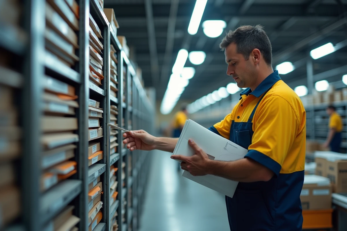 Facteur La Poste triant des lettres dans un centre de tri postal avec des bacs et convoyeurs industriels